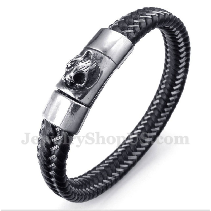Heren Titanium Zwarte Leren Kabelarmband