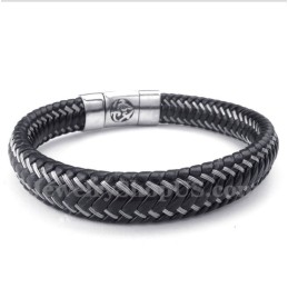 Heren Titanium Zwarte Leren Kabelarmband