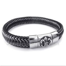 Heren Titanium Zwarte Leren Kabelmagneetarmband