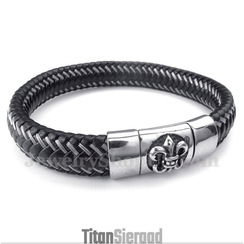 Heren Titanium Zwarte Leren Kabelmagneetarmband