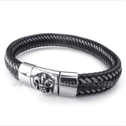 Heren Titanium Zwarte Leren Kabelmagneetarmband