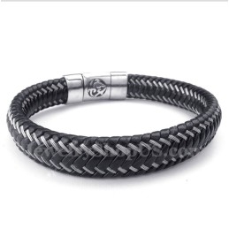 Heren Titanium Zwarte Leren Kabelmagneetarmband
