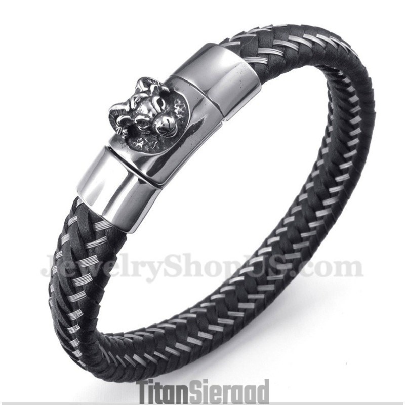 Heren Titanium Zwarte Leren Kabelmagneetarmband