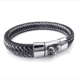 Heren Titanium Zwarte Leren Kabelmagneetarmband