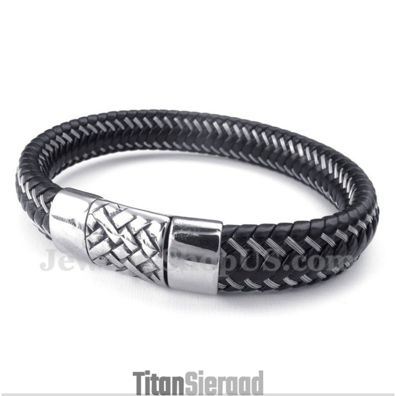 Heren Titanium Zwarte Leren Kabelarmband