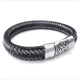 Heren Titanium Zwarte Leren Kabelarmband