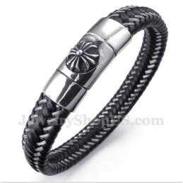 Heren Titanium Zwarte Leren Kabelarmband