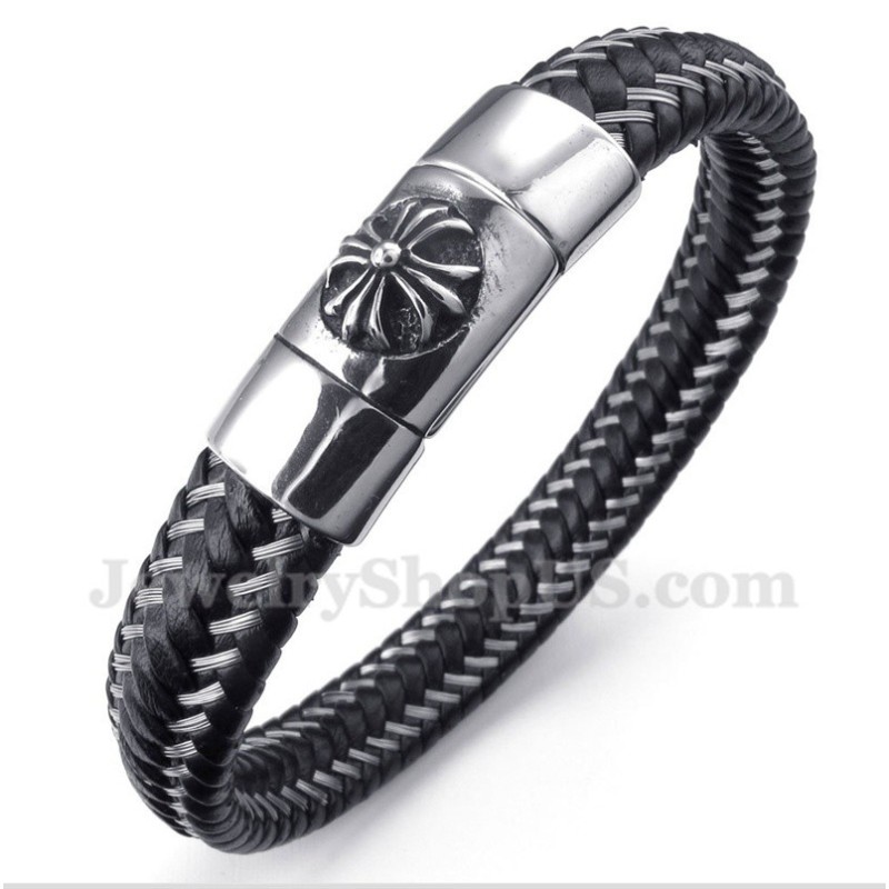 Heren Titanium Zwarte Leren Kabelarmband