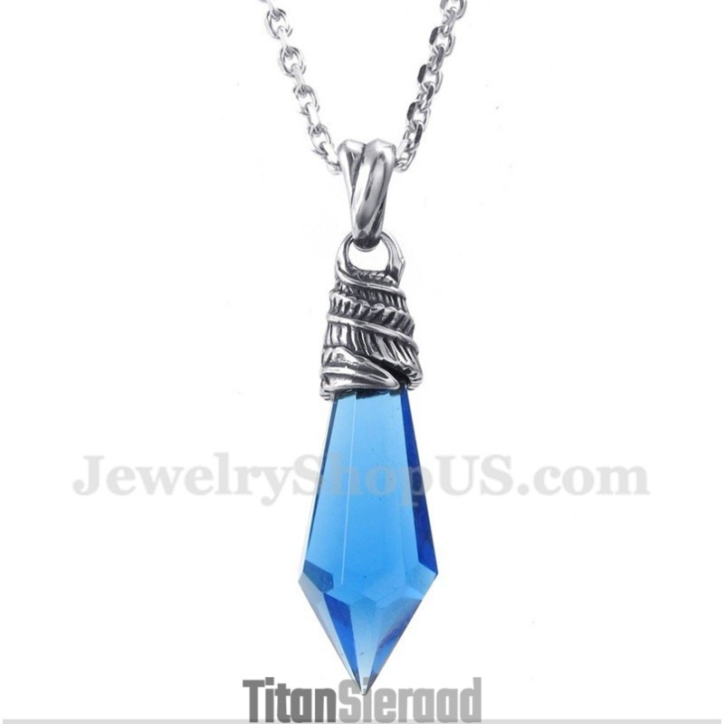 Heren Titanium Blauwe Kristallen Hexagon Prisma Hanger Met Gratis Ketting