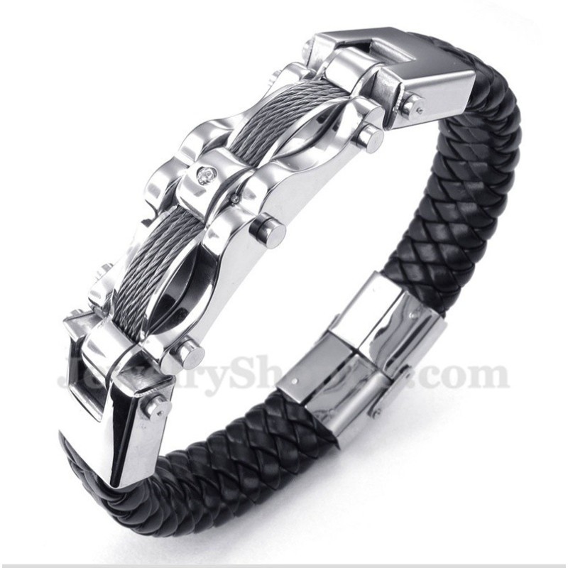 Heren Titanium Kabel Diamant Leren Armband