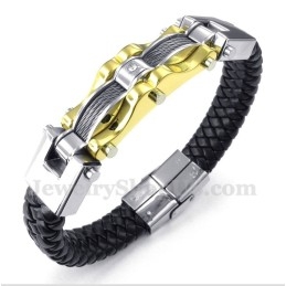 Heren Titanium Gouden Kabel Leren Armband