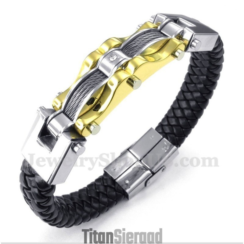 Heren Titanium Gouden Kabel Leren Armband