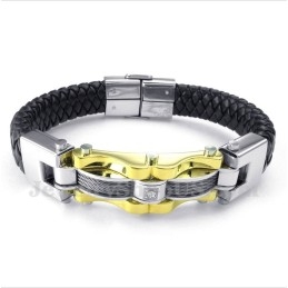 Heren Titanium Gouden Kabel Leren Armband