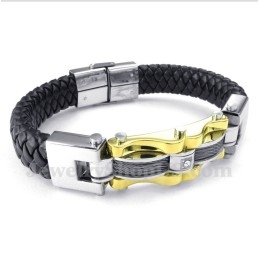 Heren Titanium Gouden Kabel Leren Armband