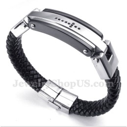 Heren Titanium Zwarte Kristallen Kruis Leren Armband