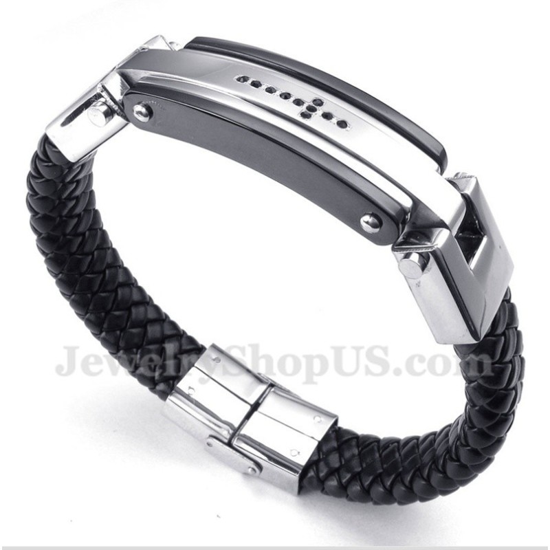 Heren Titanium Zwarte Kristallen Kruis Leren Armband