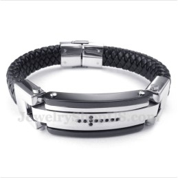 Heren Titanium Zwarte Kristallen Kruis Leren Armband