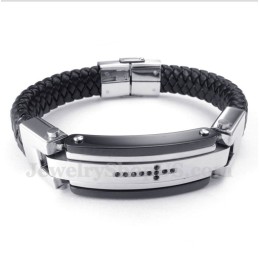 Heren Titanium Zwarte Kristallen Kruis Leren Armband