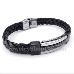 Heren Titanium Griekse Meanderpatroon Leren Armband
