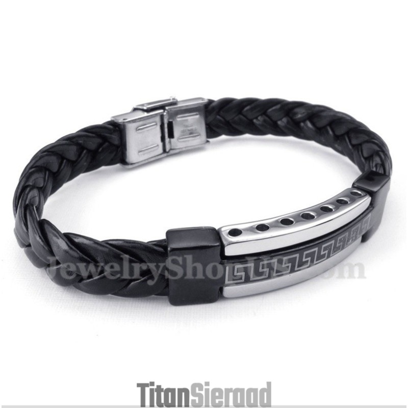 Heren Titanium Griekse Meanderpatroon Leren Armband