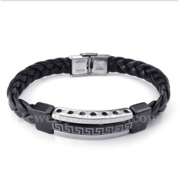 Heren Titanium Griekse Meanderpatroon Leren Armband
