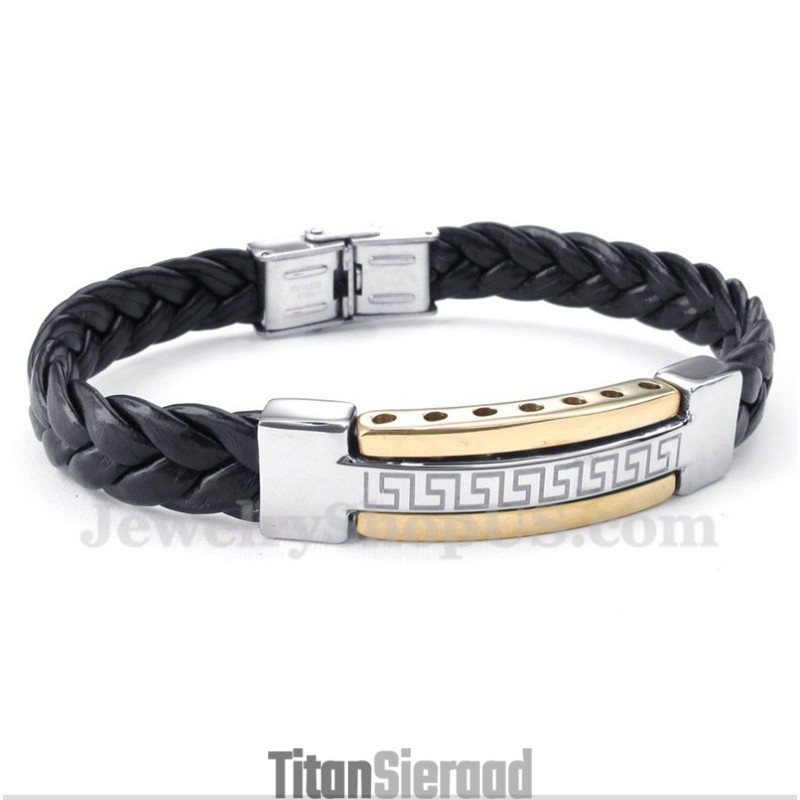 Heren Titanium Griekse Meanderpatroon Gouden Leren Armband