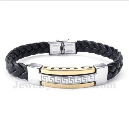 Heren Titanium Griekse Meanderpatroon Gouden Leren Armband