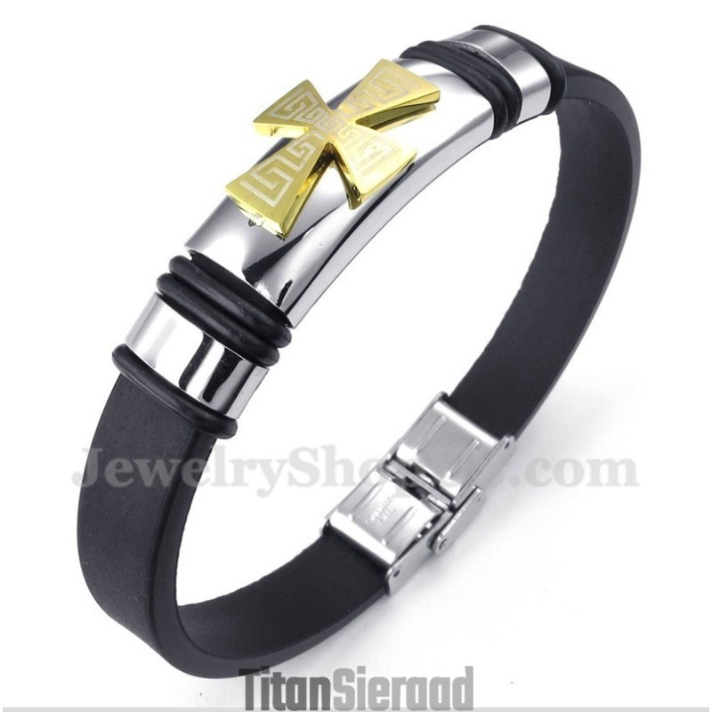 Heren Titanium Grieks Meanderpatroon Gouden Kruis Rubberen Armband