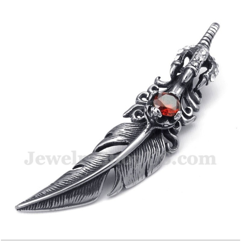Titanium Rode Kristallen Veerhanger Voor Heren Met Gratis Ketting Titanium Rode Kristallen Veerhanger Voor Heren Met Gratis Ketting
