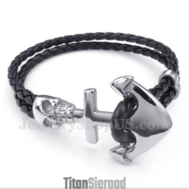 Heren Anchor Leren Titanium Armband