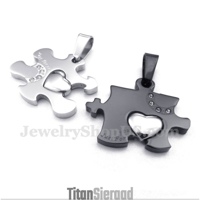 Titanium Zwarte Puzzelhanger Voor Koppels Met Gratis Ketting (Één Paar)