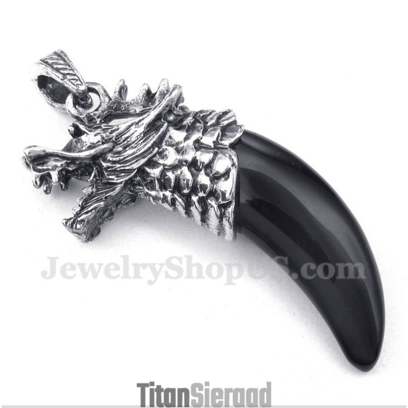 Heren Titanium Zwarte Onyx Wolfkophoorns Hanger Met Gratis Ketting