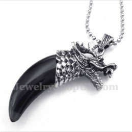 Heren Titanium Zwarte Onyx Wolfkophoorns Hanger Met Gratis Ketting