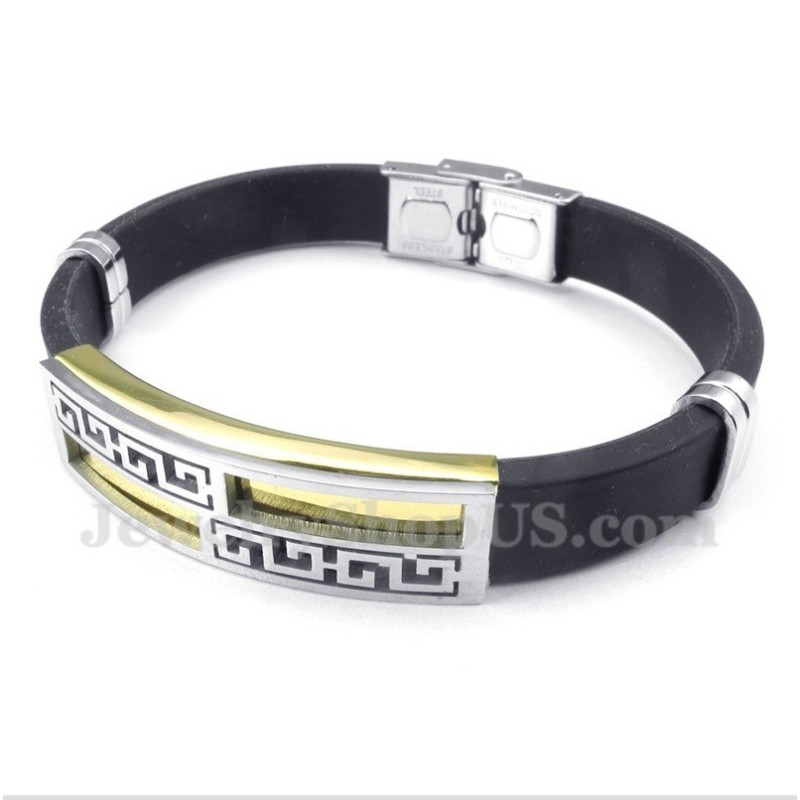Herenarmband Van Titaniumrubber Met Gouden Griekse Meanderpatroon Herenarmband Van Titaniumrubber Met Gouden Griekse Meanderpatroon