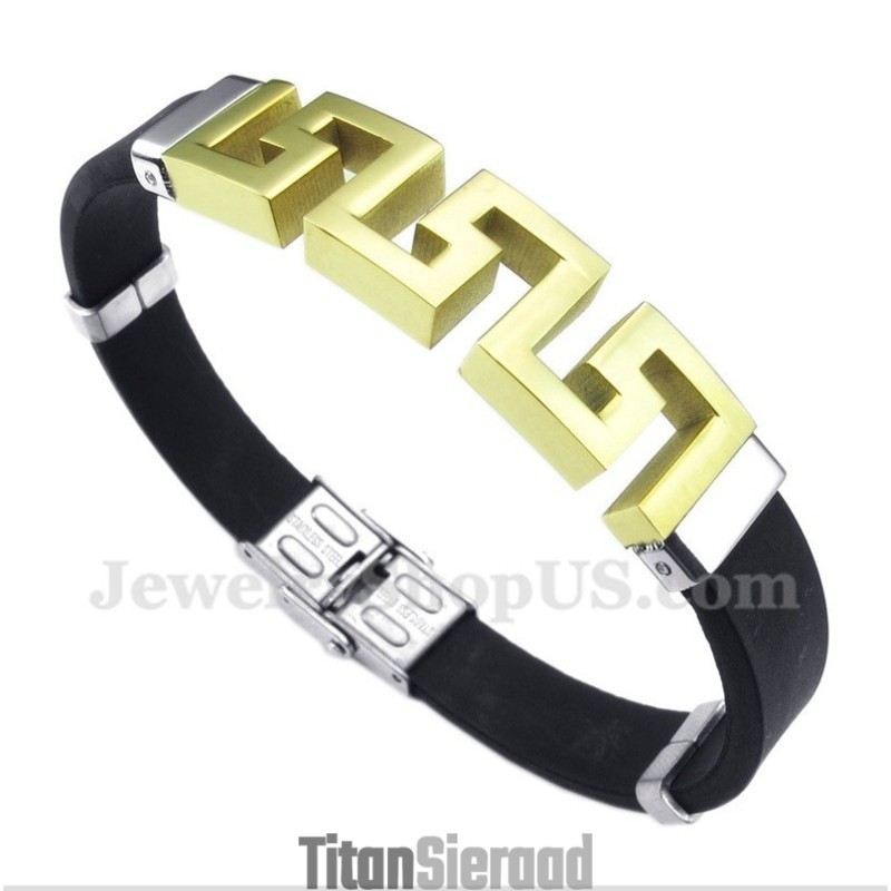 Herenarmband Van Titaniumrubber Met Gouden Griekse Meanderpatroon Herenarmband Van Titaniumrubber Met Gouden Griekse Meanderpatroon