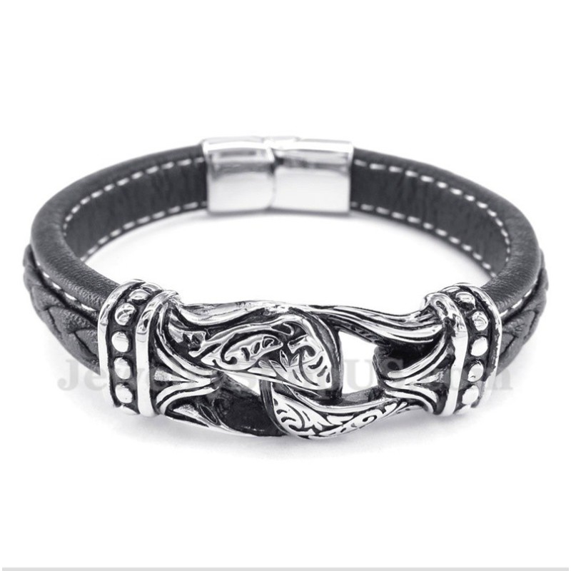 Heren Zwarte Titanium Leren Armband Heren Zwarte Titanium Leren Armband