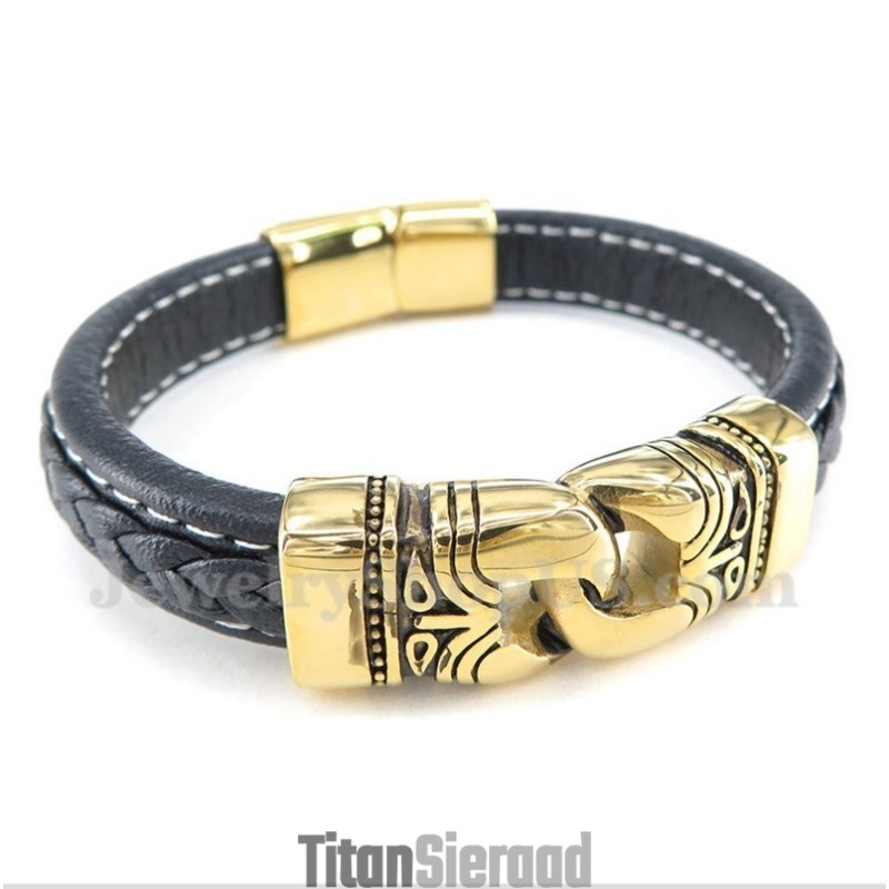 Heren Titanium Vergulde Leren Armband