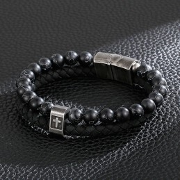 Turquoise Titanium Armband, Modieuze Heren Kruis Leren Armband
