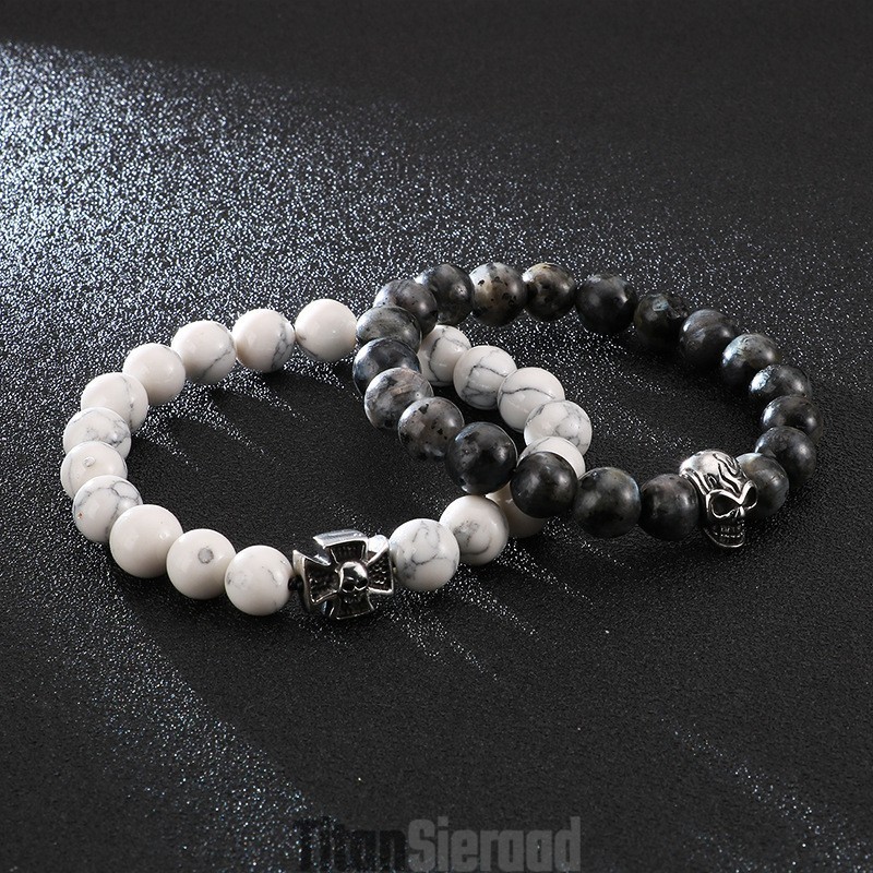 Handgemaakte Kralen Armband Met Stretch Touw, Witte Turquoise Titanium Schedel Armband