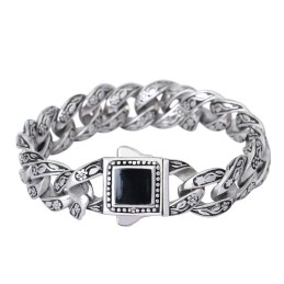Rosette Vintage Herenarmband Titanium Armband Met Zwarte Edelstenen