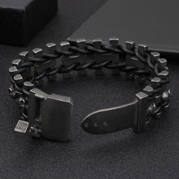 Retrokleurige Dikke Schedel Leren Armband Van Titanium Voor Heren, Bikerarmband