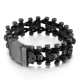 Retrokleurige Dikke Schedel Leren Armband Van Titanium Voor Heren, Bikerarmband