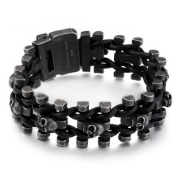 Retrokleurige Dikke Schedel Leren Armband Van Titanium Voor Heren, Bikerarmband