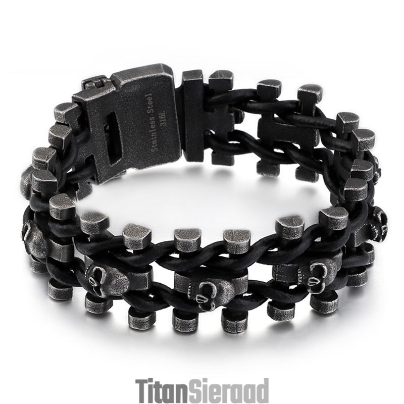 Retrokleurige Dikke Schedel Leren Armband Van Titanium Voor Heren, Bikerarmband Retrokleurige Dikke Schedel Leren Armband Van Titanium Voor Heren, Bikerarmband