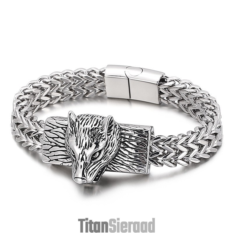 Hiphop Wolf Head Dubbele Rij Keel Geweven Ketting Heren Titanium Armband