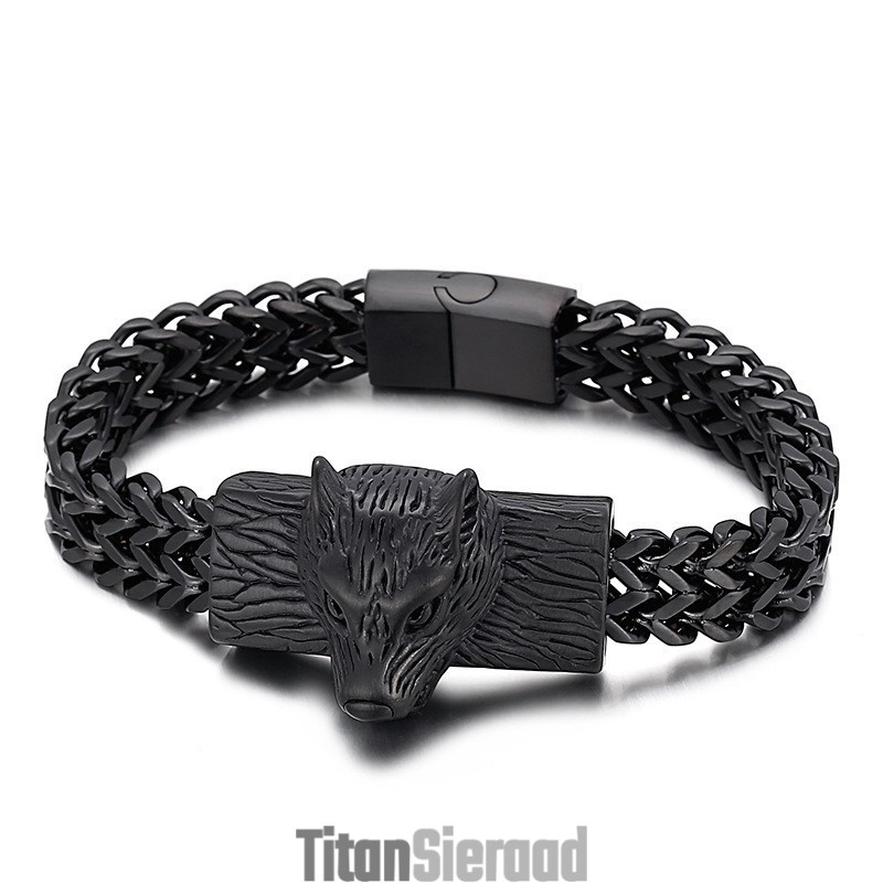 Hip Hop Wolf Head Dubbele Rij Keel Geweven Ketting Heren Titanium Armband