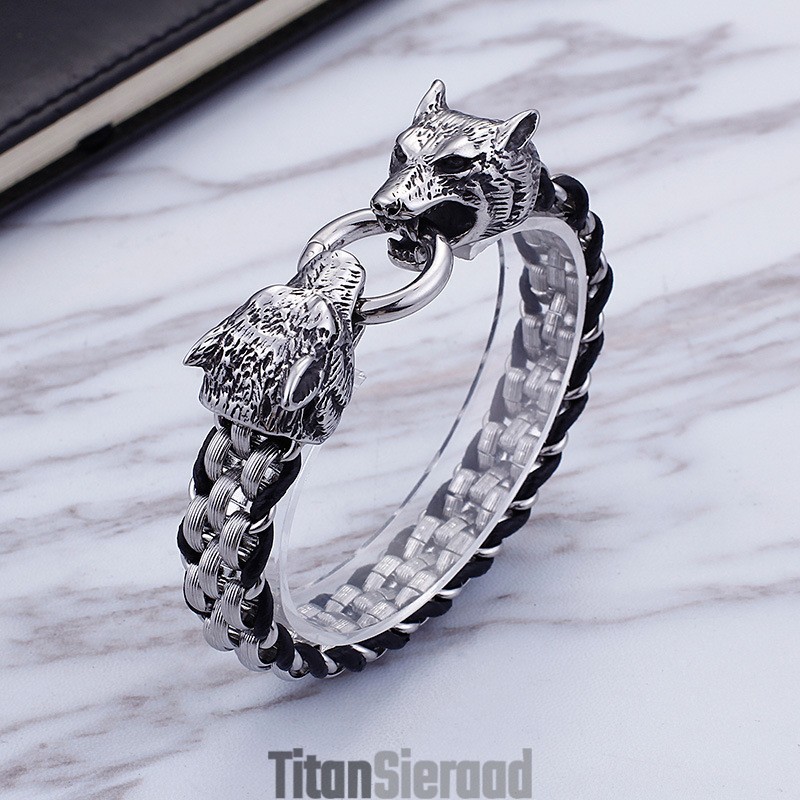 Titanium Dubbele Wolfkop Ringsluiting Titanium Armband Voor Heren