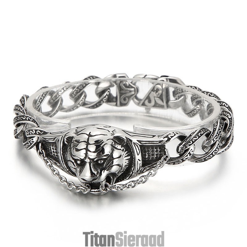 Vintage Overdreven Patroon Tijgerkop Gebogen Titanium Armband Voor Heren