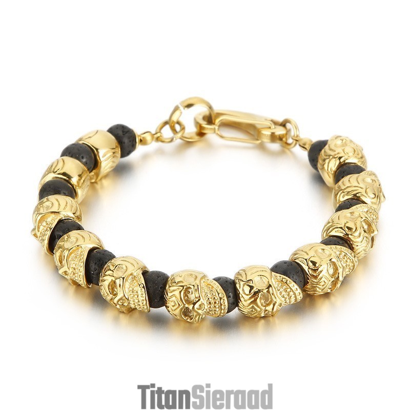 Titanium Schedel Armband Heren Tijgeroog Vulkanische Steen Armband Titanium Schedel Armband Heren Tijgeroog Vulkanische Steen Armband