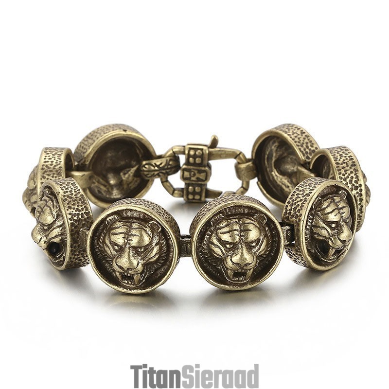 Vintage Ronde Titanium Armband Met Tijgerkop Voor Heren Vintage Ronde Titanium Armband Met Tijgerkop Voor Heren